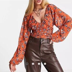 Free People Rose floral print blouse orange size xs
